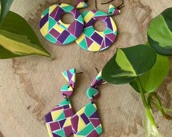 90s Mosaic Color Block : Geometric Mosaic-Style 80s / 90s Earrings