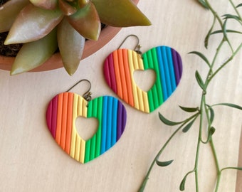 Radiant Love: Rainbow Heart Shaped Polymer Clay Earrings for Pride