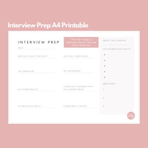 Job Interview Prep A4 Digital/Printable with Guidance Notes | Interview Prep Tool | Printable Worksheet for Job Seekers | Employment Support