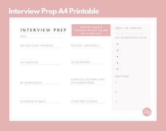 Preparación para entrevistas de trabajo A4 Digital/Imprimible con notas orientativas / Herramienta de preparación para entrevistas / Hoja de trabajo imprimible para solicitantes de empleo / Apoyo al empleo