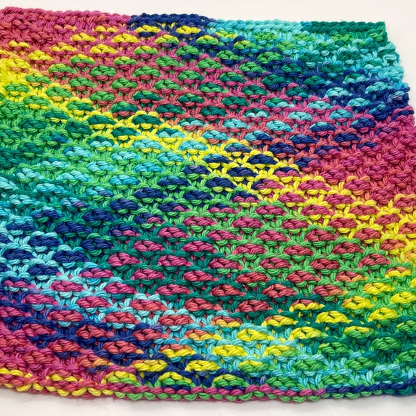 Knitted Cotton Dishcloth. Bright Rainbow Coloured Kitchen Cloth.