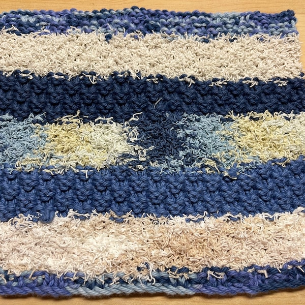 Cotton Dishcloth. Hand Knit. Part Scrubby Kitchen Cloth. Blue Beige and White.