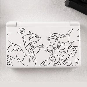 May include: A white handheld gaming console featuring a black line art illustration on its top cover. The graphic depicts two stylised creature figures facing each other in a dynamic pose, with sharp details and clean outlines across the surface.