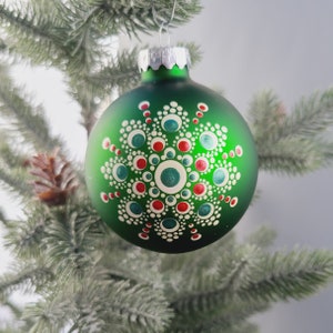 Hand painted Dot Mandala Christmas Ornament- Green Glass Bauble