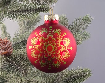 Hand painted Dot Mandala Christmas Ornament- Red Glass Bauble