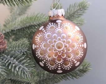 Hand painted Dot Mandala Christmas Ornament- Brown Glass Bauble