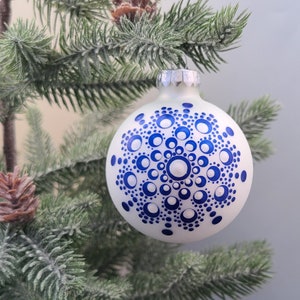 Hand painted Dot Mandala Christmas Ornament- White Glass Bauble