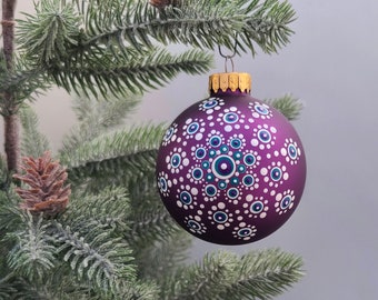 Hand painted Dot Mandala Christmas Ornament- Purple Glass Bauble