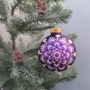 Hand painted Dot Mandala Christmas Ornament- Purple Glass Bauble