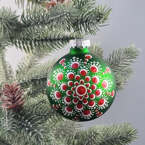 Hand painted Dot Mandala Christmas Ornament- Green Glass Bauble