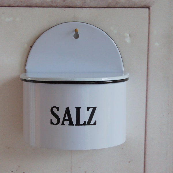 Landhaus Wandschale, SALZ, Salzbehälter mit Deckel,in Emaille Optik, shabby chic