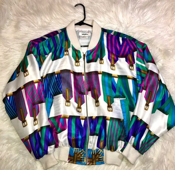 80's Colorful Belt-Printed Bomber Jacket. "Mighty"