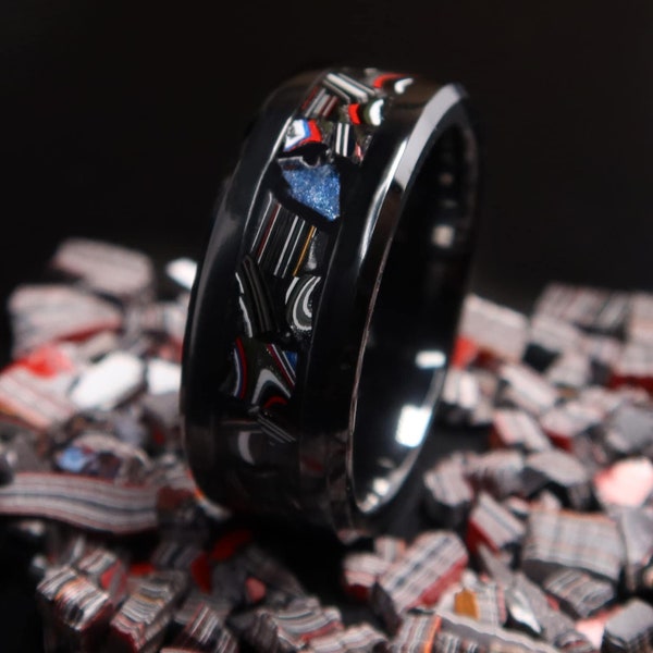 The Fordite Ring, Black Titanium Carbide,Tungsten Fordite Engagement Ring,  Wedding Band for Men & Women