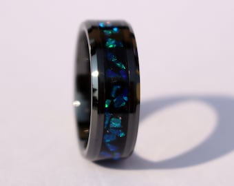 The Galaxy Ring, Handmade Black Ceramic Glowstone Ring, Blue Opal Inlay Space Engagement Ring, Glow in the Dark Wedding Band for Men & Women