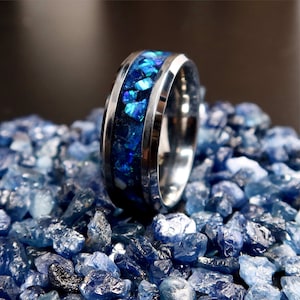 The Sapphire Storm Ring, Tungsten Titanium Carbide Blue Sapphire Blue Opal Engagement Ring, Glow in the Dark Wedding Band for Men & Women