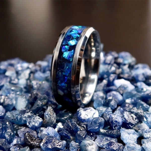 The Sapphire Storm Ring, Tungsten Titanium Carbide Blue Sapphire Blue Opal Engagement Ring, Glow in the Dark Wedding Band for Men & Women