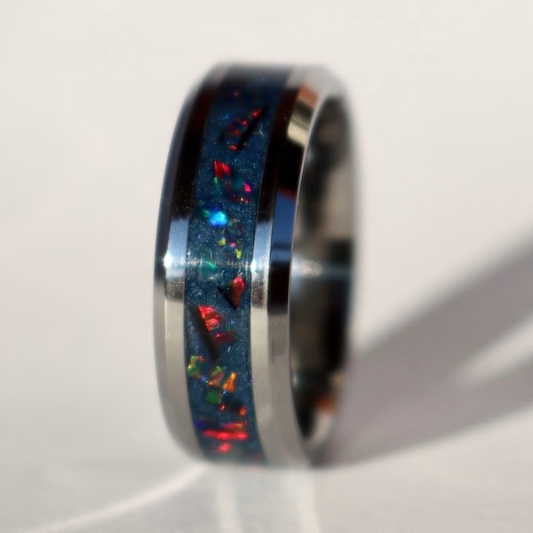 The Midnight Navy Ring, Tungsten Charcoal Blue Opal Inlay Moonstone Engagement Ring, Glow in the Dark Wedding Band for Men & Women
