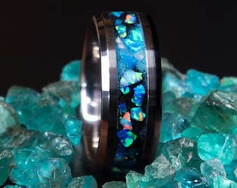 Tungsten Aquamarine Opal Ring, Glow in the Dark Wedding Band