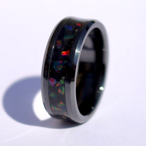 The Ember Ring, Handmade Black Ceramic Custom Ring, Black Fire Blue Charcoal Opal Inlay Ring, Glow in the Dark Ring for Men & Women