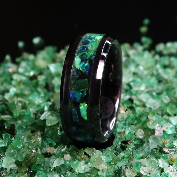 The Emerald Forest Ring, Handmade Emerald Ring, Green Opal Titanium Inlay Engagement Ring, Glow in the Dark Wedding Band for Men and Women