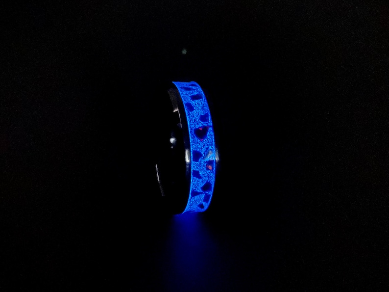 The Ember Ring Handmade Black Ceramic Custom Ring Glow in the Dark Ring for Men /& Women Black Fire Blue Charcoal Opal Inlay Ring