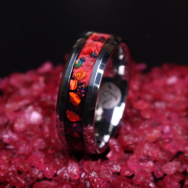 The Lava Rock Ring, Handmade Ruby Ring, Red Opal Ruby Tungsten Inlay Engagement Ring, Glow in the Dark Wedding Band for Men and Women