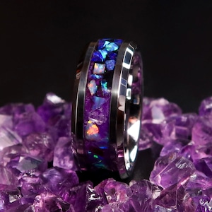 The Nebula Ring, Tungsten Amethyst Purple Opal Engagement Ring, Black Titanium Carbide Glow in the Dark Wedding Band for Men & Women