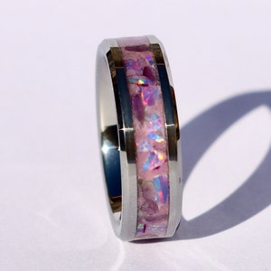 The Lavender Petal Ring, Handmade Purple Amethyst Ring, Purple Opal Tungsten Inlay Engagement Ring, Glow in the Dark Wedding Band for Women