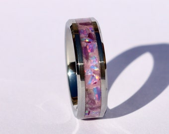 Handmade Tungsten Ring, Lilac Opal Amethyst Inlay, Glow in The Dark Wedding Band