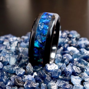 The Sapphire Storm Ring, Black Titanium Carbide,Tungsten Sapphire Blue Opal Engagement Ring, Glow in the Dark Wedding Band for Men & Women