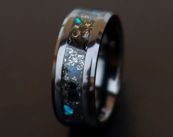 Megalodon Tooth Inlay Ring, Meteorite Opal Ring, Tungsten Wedding Band, Glow in the Dark