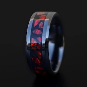 The Crimson Ring, Handmade Black Ceramic Glowstone Ring, Red Opal Inlay Space Engagement Ring, Glow in the Dark Wedding Band for Men & Women