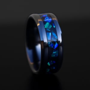 The Galaxy Ring, Handmade Black Ceramic Glowstone Ring, Blue Opal Inlay Space Engagement Ring, Glow in the Dark Wedding Band for Men & Women