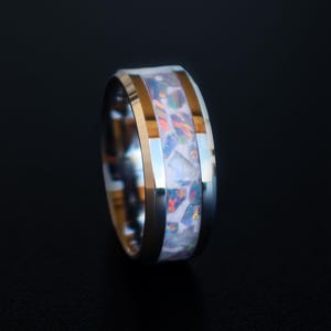 The Cosmic Ring, Handmade Glow Ring, Blue Grey Opal Tungsten Inlay Space Engagement Ring, Glow in the Dark Wedding Band for Men & Women