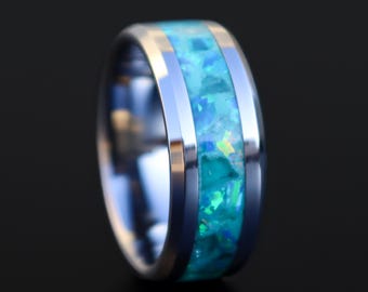 Handmade Aquamarine Ring, Opal Tungsten Inlay, Glow in Dark Wedding Band