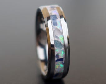 Tungsten Sapphire Opal Ring, Glow in the Dark Wedding Band