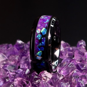 The Nebula Ring, Tungsten Amethyst Purple Opal Engagement Ring, Black Titanium Carbide Glow in the Dark Wedding Band for Men & Women