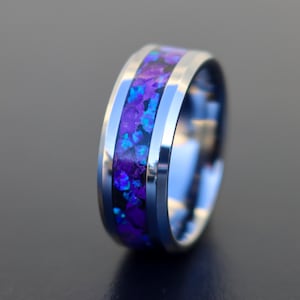 The Blue Lavender Ring, Tungsten Blue Purple Opal Amethyst Inlay. Purple Amethyst Ring, Mens Wedding Band, Womens Ring, Mens Ring
