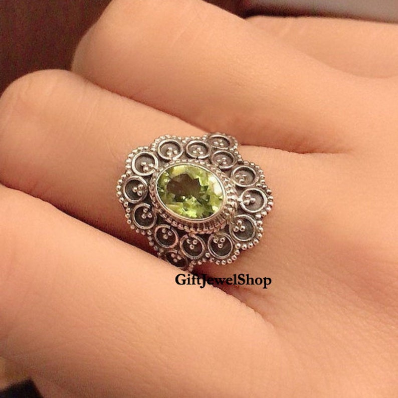 Natural Peridot Stone Statement Ring Unique Ring Sterling Silver Ring Peridot Ring Bohemian Ring Dainty Ring Women Ring Oval Shape