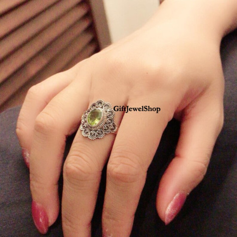 Natural Peridot Stone Statement Ring Unique Ring Sterling Silver Ring Peridot Ring Bohemian Ring Dainty Ring Women Ring Oval Shape