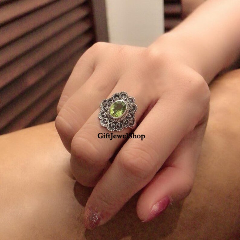 Natural Peridot Stone Statement Ring Unique Ring Sterling Silver Ring Peridot Ring Bohemian Ring Dainty Ring Women Ring Oval Shape