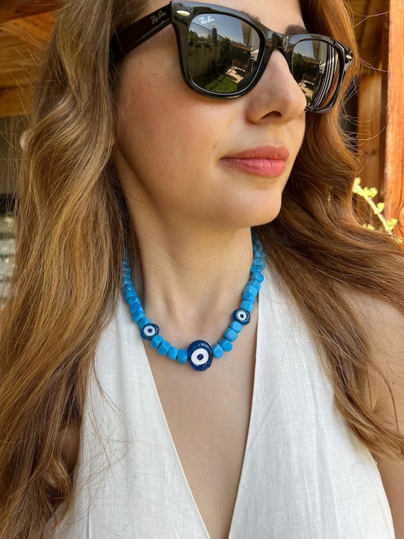 Collier Sautoir Perles Colorées Avec œil De Protection - Style Bohème, Acier Inoxydable Doré - Neuf Sans Emballage