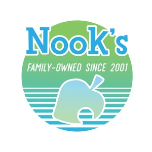May include: A green and blue circular logo with the text "Nook's" in blue and the text "Family-Owned Since 2001" in black. A stylized green and blue leaf with a hole in the center is in the bottom half of the circle.