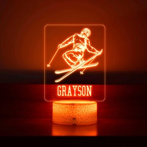 Skier Night Light - Ski Skiing Gift - Gifts for Ski Lovers - with Remote Control - Children&#39;s Room Light - Ski Club Decor - Custom Name Lamp