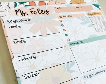 Boho Flower Teacher Planner: Personalized Teacher Week at a Glance Notepad