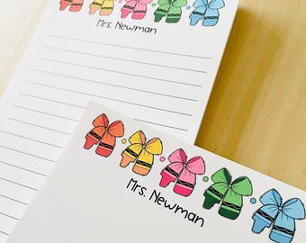 Personalized Teacher Notepad: Coquette Crayon Bow Design