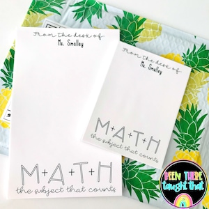 May include: Two white notepads with black text. The top notepad says "From the desk of Ms. Smalley" and the bottom notepad says "M+A+T+H the subject that counts". The notepads are on a background of a yellow and green pineapple pattern.