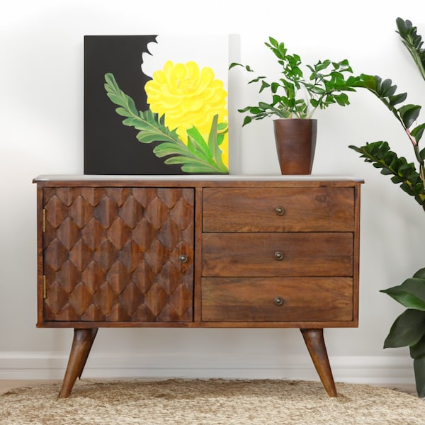 Pineapple Carved 3 Drawer Sideboard In Chestnut Finish