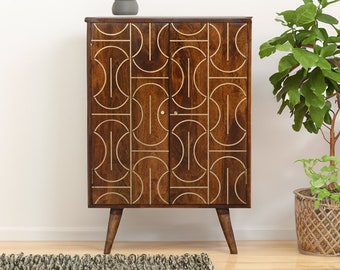 Abstract Gold Inlay Cabinet Solid Wood In Chestnut Finish
