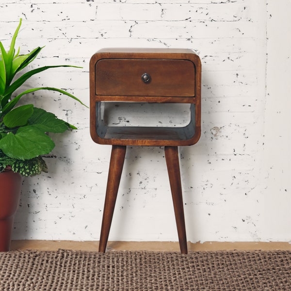 Mini Curved 1 Drawer Bedside Table in Chestnut Finish